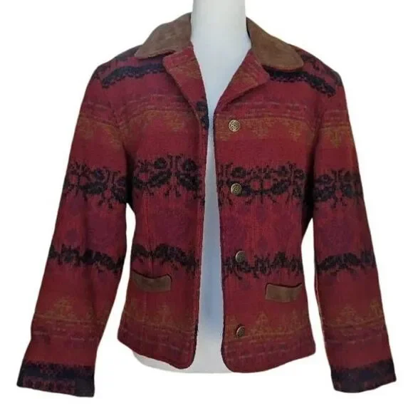 Vintage Woolrich Jacket Red Southwestern Aztec Suede Trim Wool USA Size S Button - Picture 4 of 10